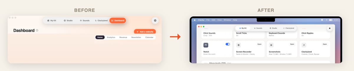 clacky before: a dashboard with tabs. clacky now: one simple My Kit
